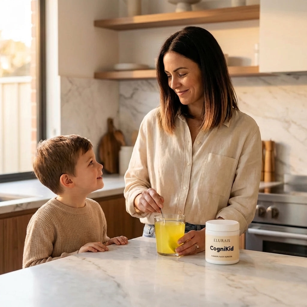 Mom and child in kitchen with CogniKid