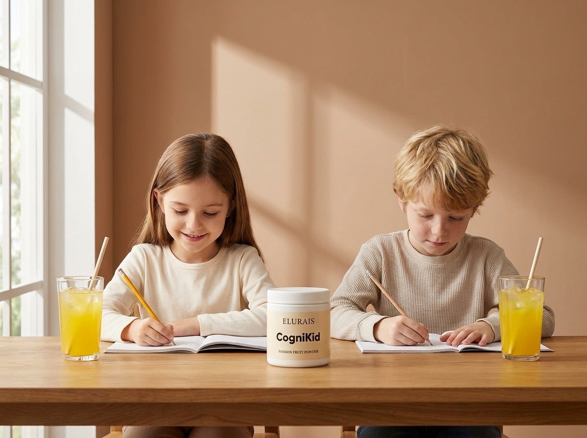 Two kids studying at a warm wooden table with CogniKid jar and two glasses of passion fruit drink