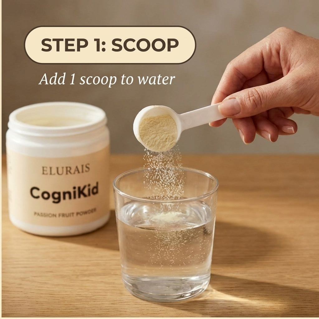 Step 1: Scoop — add 1 scoop to water